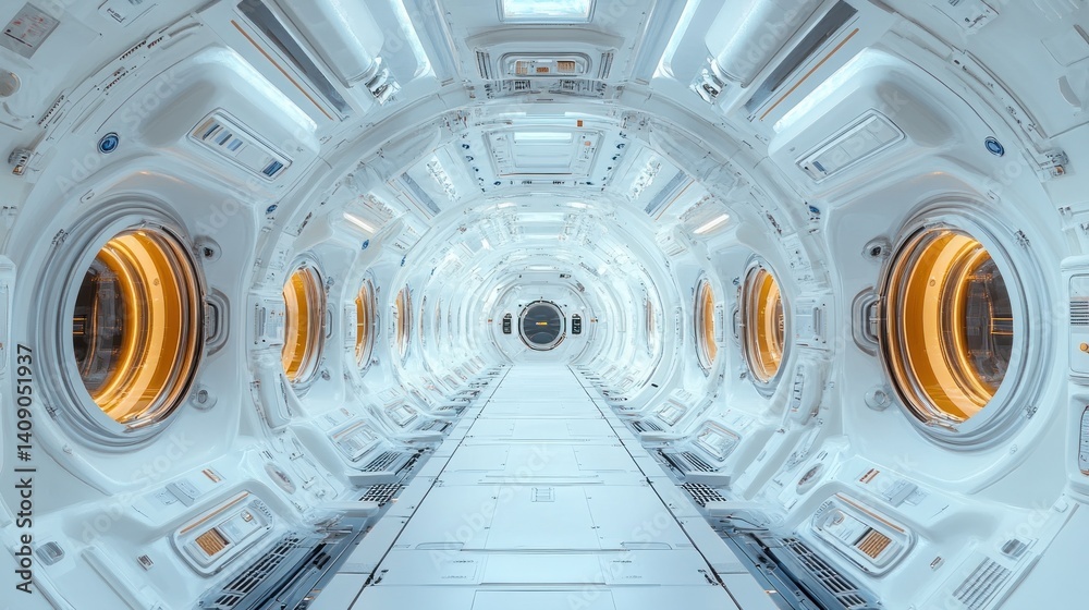 Obraz premium Futuristic Spaceship Corridor: A Journey Through White and Orange