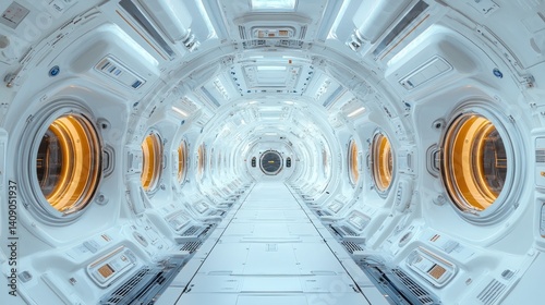 Futuristic Spaceship Corridor: A Journey Through White and Orange