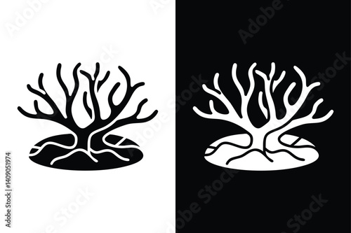 Black and White Coral Icon. Cute Seaweed Logo and Underwater Graphics