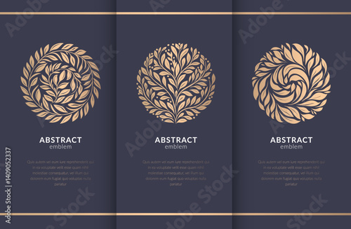 Vector set of emblems with leaves in a circle shape. Can be used for jewelry, beauty and fashion industry. Great for logo, monogram, invitation, flyer, menu, background, or any desired idea.