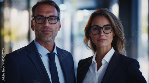 Two confident business professionals in formal attire, embodying professionalism and trust in a modern corporate setting.

