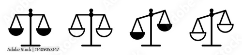 A set of minimalist justice scale icons in various styles. Perfect for legal, law firm, court, and judgment-related themes. Ideal for use in infographics, web design, and branding.