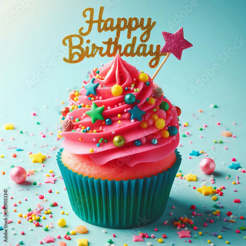 Bright Birthday Cupcake with Pink Frosting, Colorful Sprinkles, and Glittery 