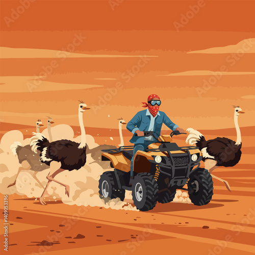 Person Driving Atv with Ostriches Racing in Desert