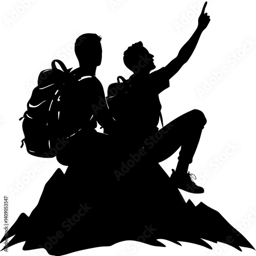 A silhouette of two backpacker men sitting triumphantly at the peak of a mountain, gazing into the distance 
