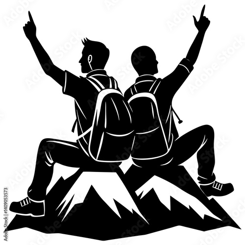 A silhouette of two backpacker men sitting triumphantly at the peak of a mountain, gazing into the distance 