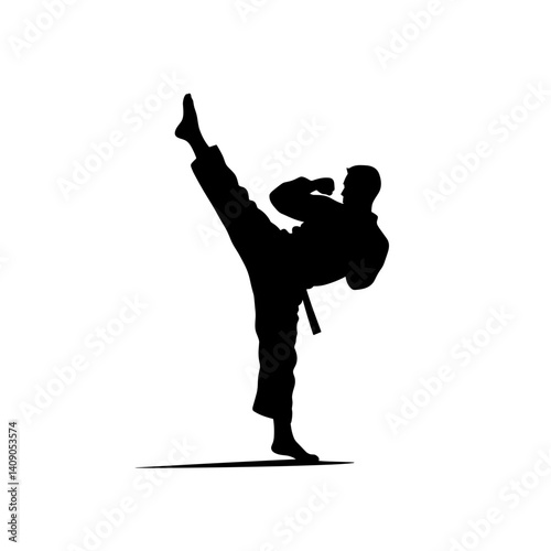 Martial artist executing a high kick against a white background  