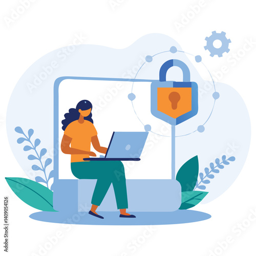 flat design a woman using a laptop on white