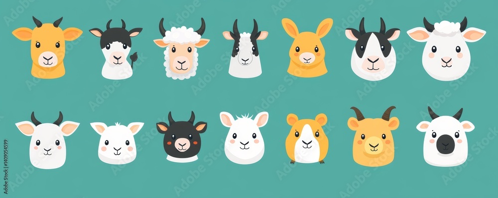 Farm animals with cute faces depicted in pixel art on a teal-colored background