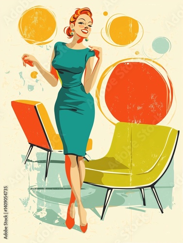 Vibrant, full-figure woman in a classic 60s-inspired futuristic dress, exuding optimistic charm in a stylized retro-futuristic domestic setting.