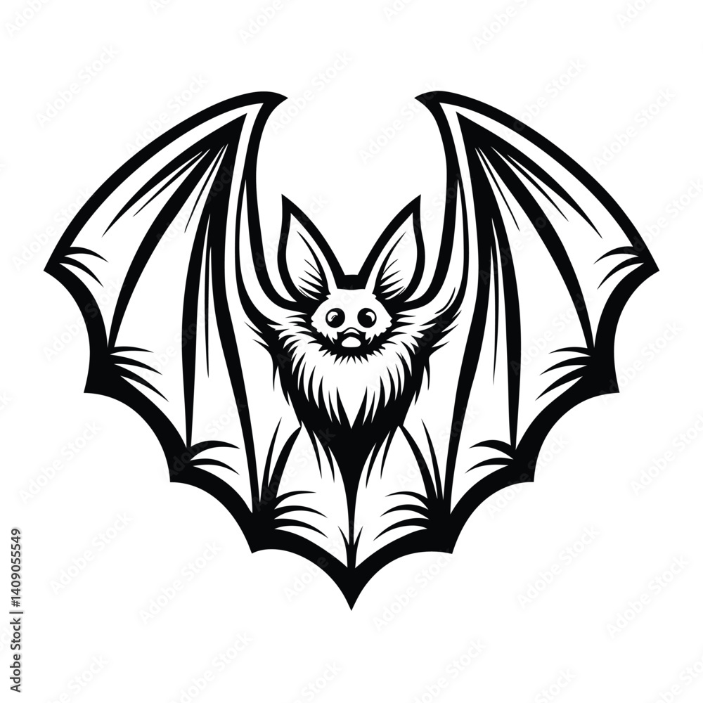 Obraz premium Cute Bat with Fluffy Fur and Big Eyes in Black and White Outline Simple Drawing
