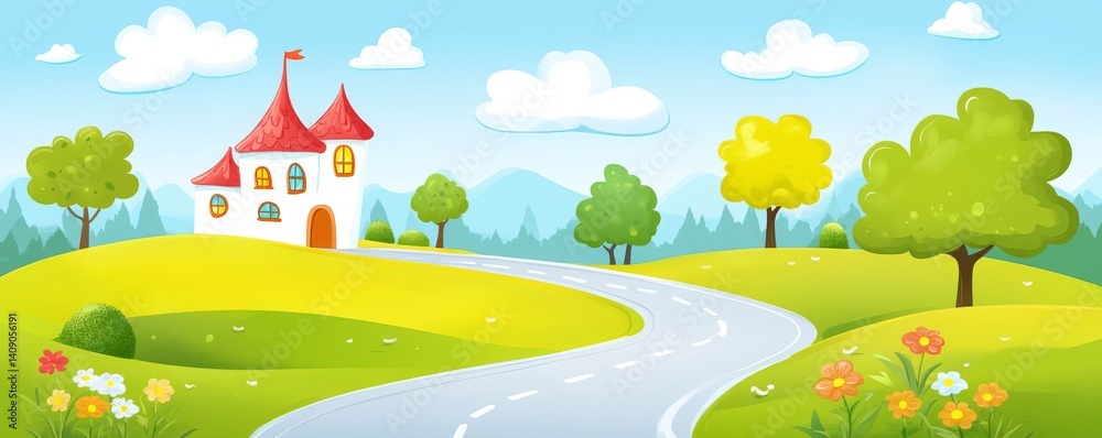 Fototapeta premium A pink castle sits atop a hill in a fairytale landscape illustration, complete with a winding road, green valley, and a mountainous backdrop