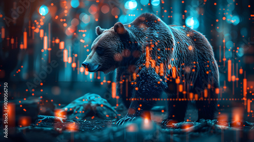 Stock market bear market. Downward trend charts on the investment platform. Double exposure of the bear and candles on the chart