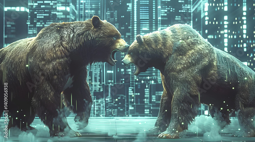 Stock market bears and bulls are fighting in front of stock market graphics - 3D illustration