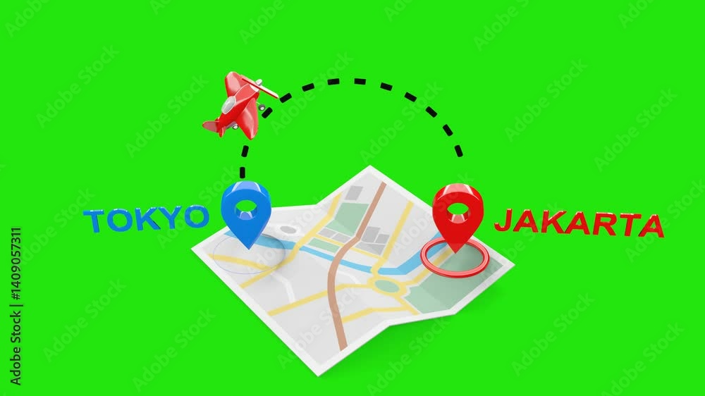 Tokyo to Jakarta 3D Flight Animation with Airplane, Map, with Green Screen