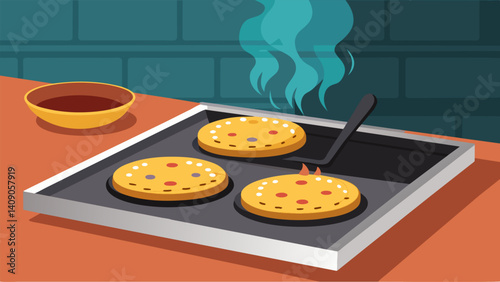 As the sopes sizzled on the griddle the tantalizing smells of frying dough and savory fillings filled the room.. Vector illustration