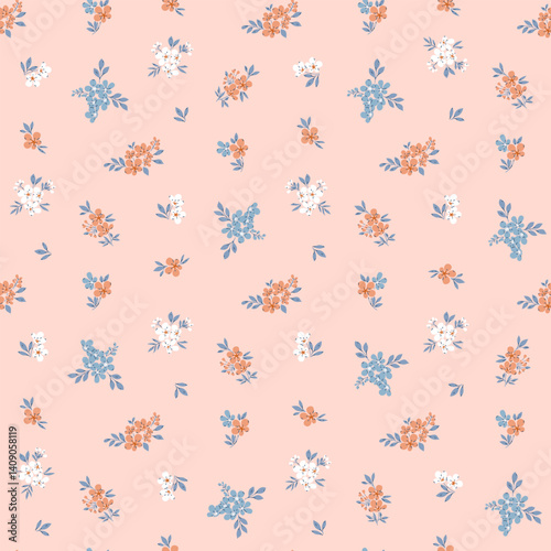 floral background. Floral pattern with small flowers on a pink tone background. Seamless flower pattern for design and fashion prints. Floral ditsy style. Flower stock vector print.