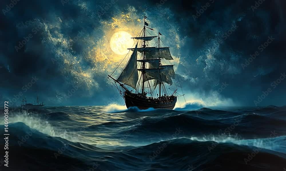 A majestic sailing ship navigates turbulent seas under a full moon, with dark clouds swirling A majestic sailing ship navigates turbulent seas under a full moon, with dark clouds swirling