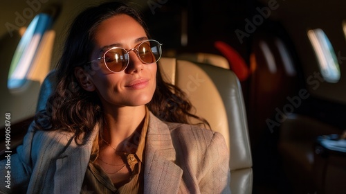 Confident young woman relaxing during private jet travel