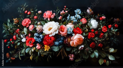 Baroque-inspired dark floral bouquet on black background, moody lighting, vintage oil painting style  