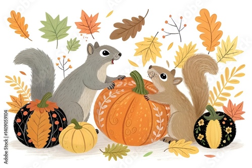 Whimsical Autumn Squirrels with Pumpkins and Colorful Leaves Illustration