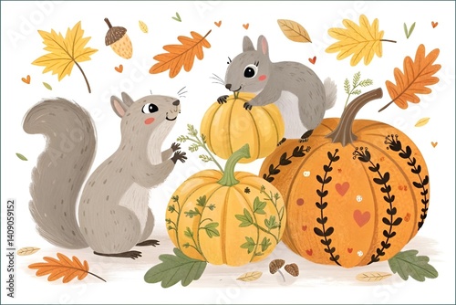 Whimsical Autumn Squirrels with Pumpkins and Colorful Leaves Illustration