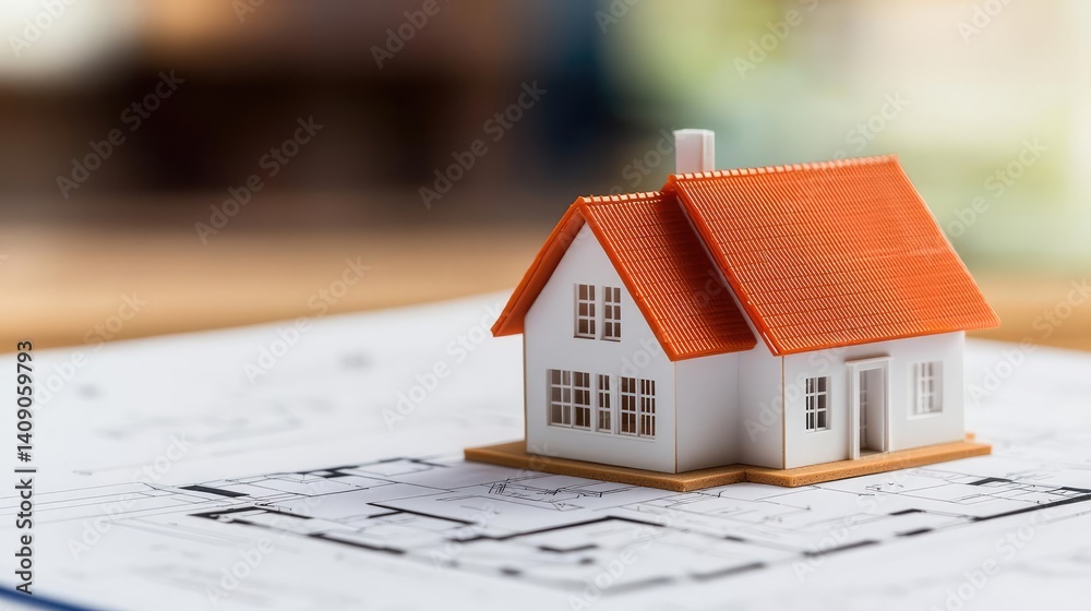 Building house on blueprint with a focus on architecture and vignetting concept. A miniature house model on architectural blueprints. Building house on blueprint with a focus on architecture and vignetting concept. A miniature house model on architectural blueprints.