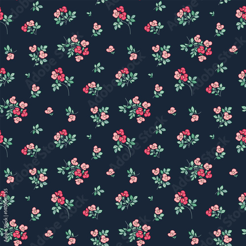 Cute floral pattern, Seamless flower pattern, liberty floral ditsy print, small flower botanical design, simple hand drawn flower, small background pattern, design on a dark background. floral Vector