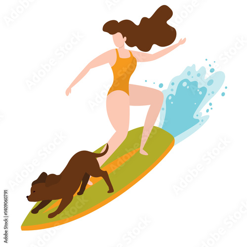 Photography girl surfing with her dog