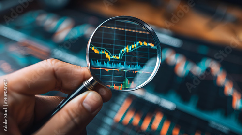 stock market for analysis technical grap. Businessman hand holding magnifier glass with virtual stock market chart, Business investment earning income concept