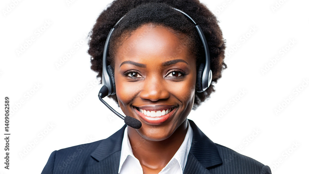 A smiling business woman with a headset represents friendly customer service during a call at the service center A smiling business woman with a headset represents friendly customer service during a call at the service center