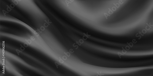Black silk background. Realistic beautiful fabric texture, abstract cloth folds. Smooth liquid wave effect. Vector illustration, dark luxury satin curtain backdrop