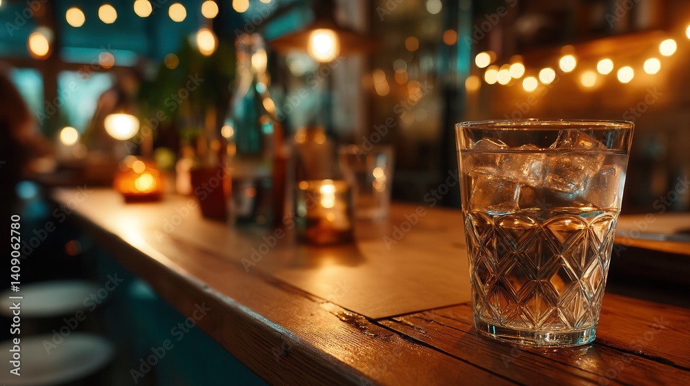 Relaxing whiskey drink on wooden bar counter in cozy evening atmosphere Relaxing whiskey drink on wooden bar counter in cozy evening atmosphere