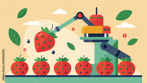 Sensors on the robotic picker can detect the optimal level of riss for each strawberry ensuring a highquality harvest.. Vector illustration