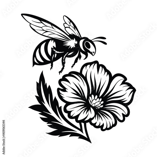 Honeybee Hovering Above Open Flower Blossom in Black and White Silhouette Style Design
