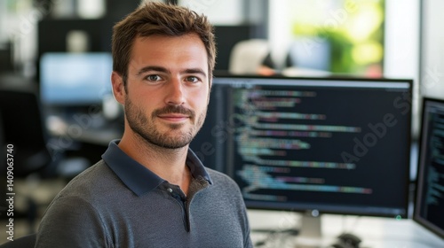 Professional male software developer working in modern office environment with computer code on screens in the background