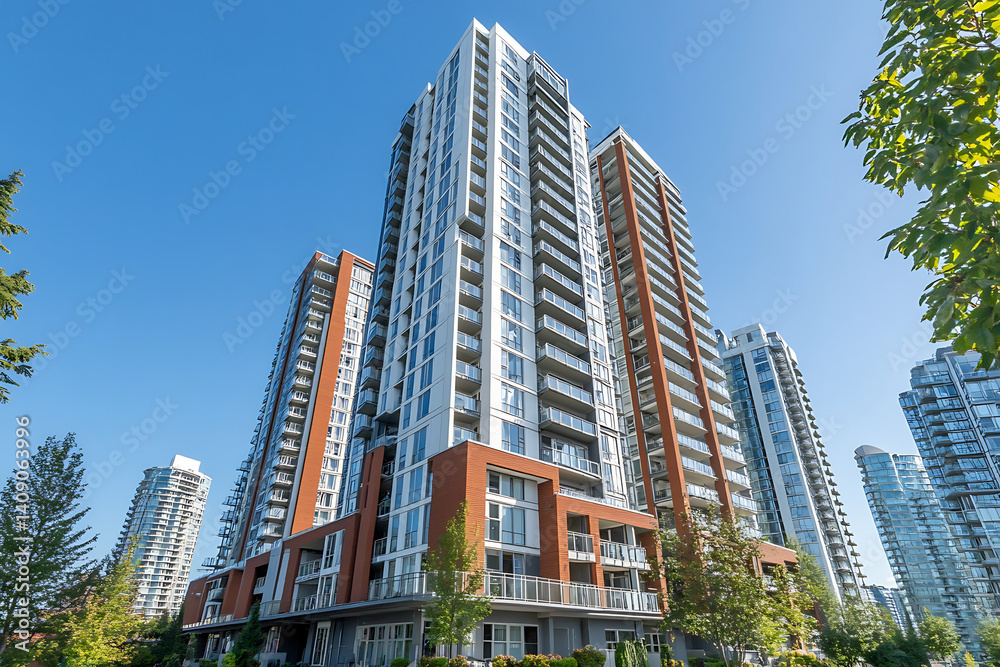 Scenic view of modern apartment buildings with brick and white exterior, featuring large windows and balconies against a clear blue sky background in British Columbia, Canada. Scenic view of modern apartment buildings with brick and white exterior, featuring large windows and balconies against a clear blue sky background in British Columbia, Canada.