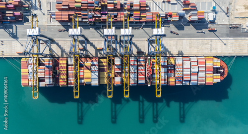 Top view Logistics and transportation of Container Cargo ship and Cargo plane with working crane bridge in shipyard at sunrise, logistic import export and transport industry background