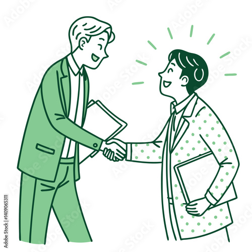 Line art of two cheerful Asian business people shaking hands, holding