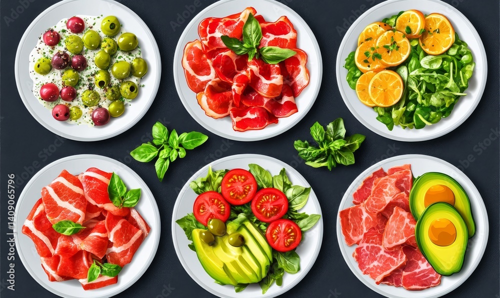The image depicts an assortment of small food plates in a pixel art overhead view The image depicts an assortment of small food plates in a pixel art overhead view