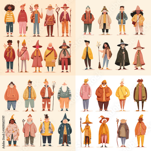 Collection of whimsical character illustrations in fantasy and modern outfits, ideal for storybooks, games, animation, costume design, and creative visual storytelling projects.

