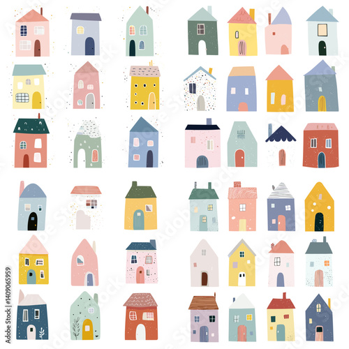 Collection of whimsical pastel house illustrations in a flat minimalist style, ideal for children's designs, home decor, digital prints, and creative architecture-themed projects.

