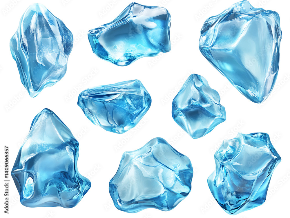 Fototapeta premium Translucent Blue Ice Chunks on Transparent Background, PNG