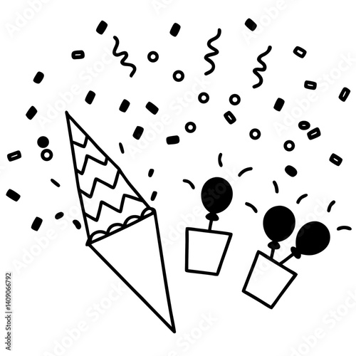 A silhouette of a birthday party scene, with a stream of confetti falling through the air
