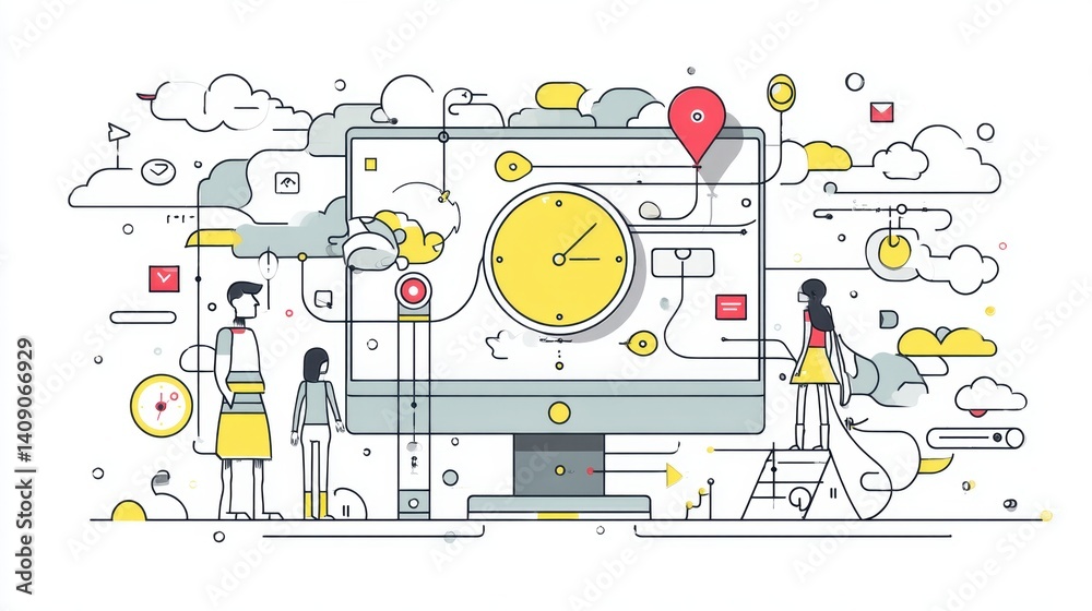 Obraz premium Cloud-Based Digital Time Management System and Online Workflow Illustration