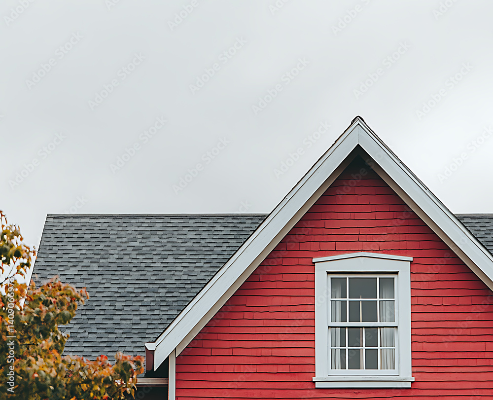 Red house exterior with a grey roof and white trim, against a grey sky background. Red house exterior with a grey roof and white trim, against a grey sky background.