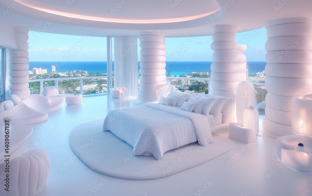 Fototapeta premium Cozy bedroom featuring a large bed and stunning ocean view through the window.