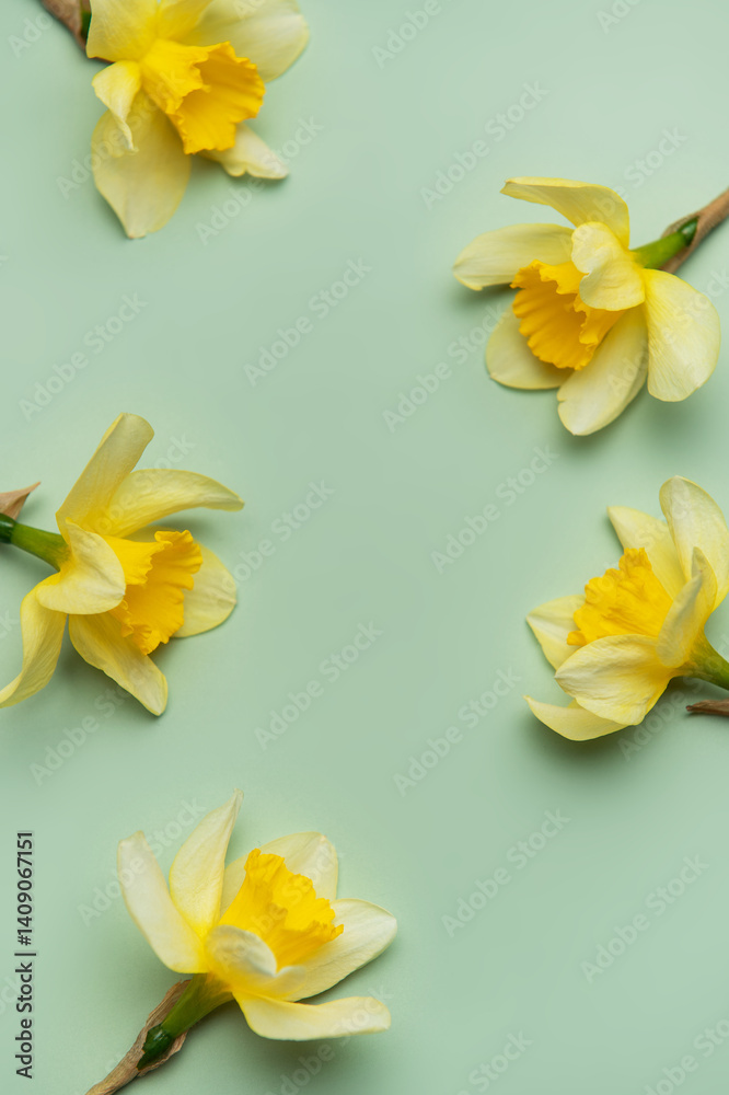 Daffodils creating a frame on light green background