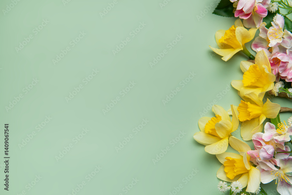 Daffodils and pink flowers creating a vibrant spring border on pastel green background