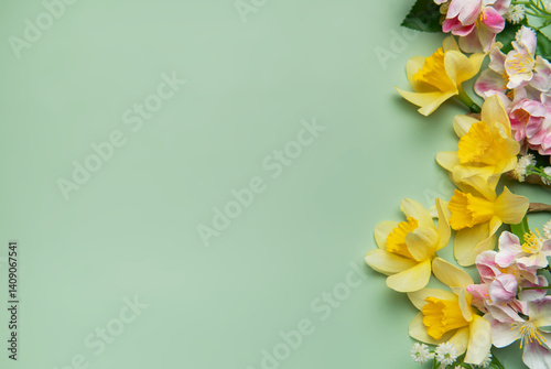 Obraz na płótnie Daffodils and pink flowers creating a vibrant spring border on pastel green background w salonie